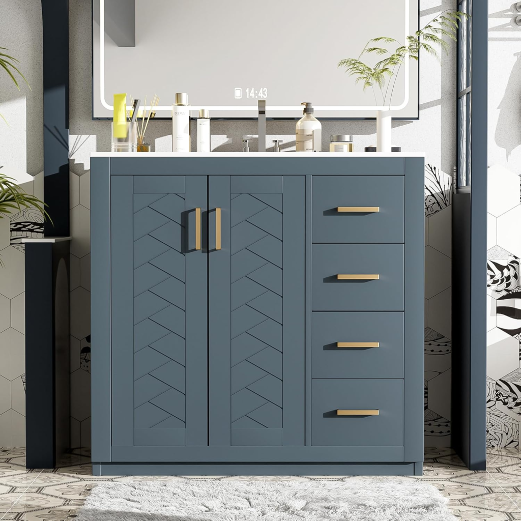 5 Vibe-Defining Bathroom Vanities You'll Love 3 Merax Herringbone Vanity